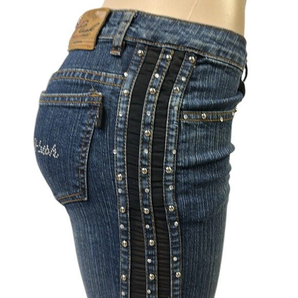 Platinum Plush Straight Leg Denim Studded Rhinestone Tuxedo Stripe Blue Jeans 7 - Picture 2 of 10
